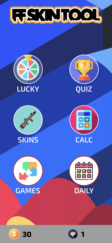 Pantalla de inicio de la aplicación FFF FF Skin Tool con iconos de menú para Calculadora de Skins de Quiz, Juegos y funciones diarias.