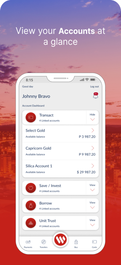 Bank Windhoek - The Bank Windhoek app account dashboard displaying various linked accounts and their current balances on a smartphone screen.