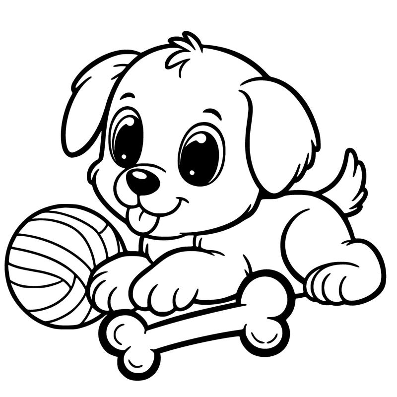 puppy playing with a bone & a ball