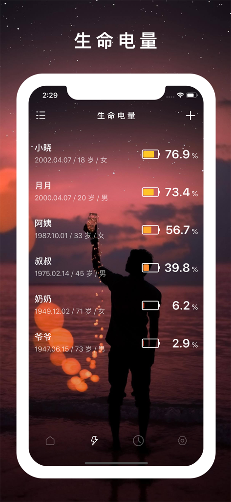 时间规划局 - 文字时钟与倒计时 - Tela do smartphone exibindo porcentagens de bateria da vida para diferentes pessoas com um fundo de pôr do sol