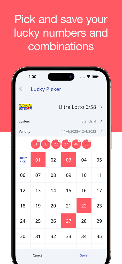 PCSO Lotto Results - A mobile phone displaying the Lucky Picker feature of the PCSO Lotto Results app with a number grid for selecting combinations.
