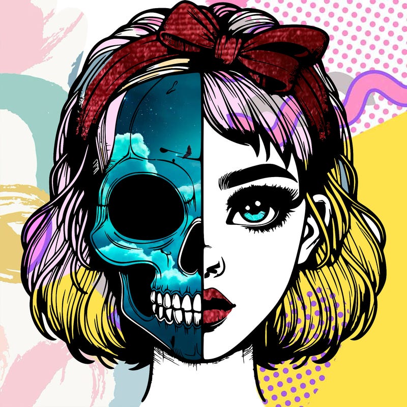 realistic girl with half skull mask