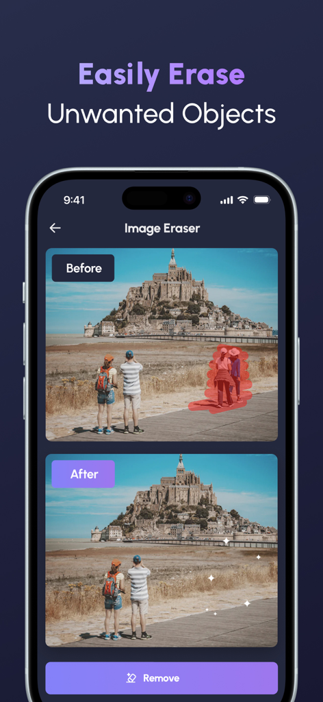 Magic Cleaner-Clean Storage ! - Comparación de antes y después de la herramienta de borrador de imágenes con IA eliminando personas de una foto de paisaje en Magic Cleaner.