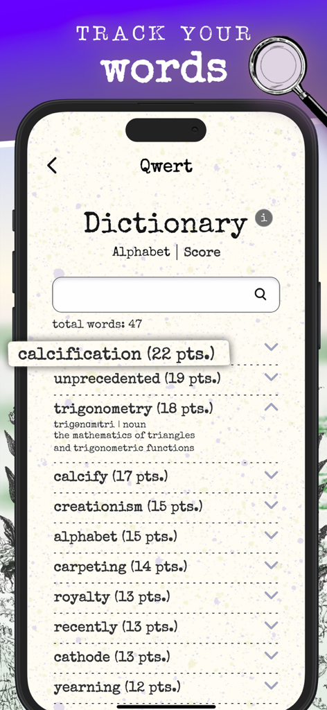 Qwert - The Typing Word Game - A mobile app screen showing a personal dictionary with a list of typed words and their point values in a vintage typewriter style.