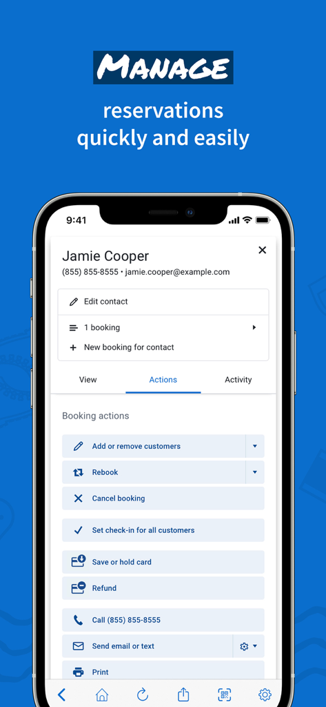 FareHarbor - FareHarbor mobile app screen showing options to manage customer reservations and contact actions