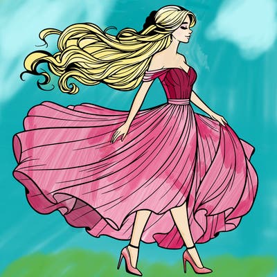 realistic woman in a dress flowing in the wind