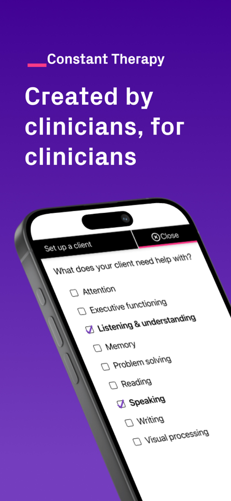Interfaz de la aplicación Constant Therapy Clinician que muestra una lista de verificación de configuración del cliente para objetivos de terapia, que incluyen escuchar y hablar