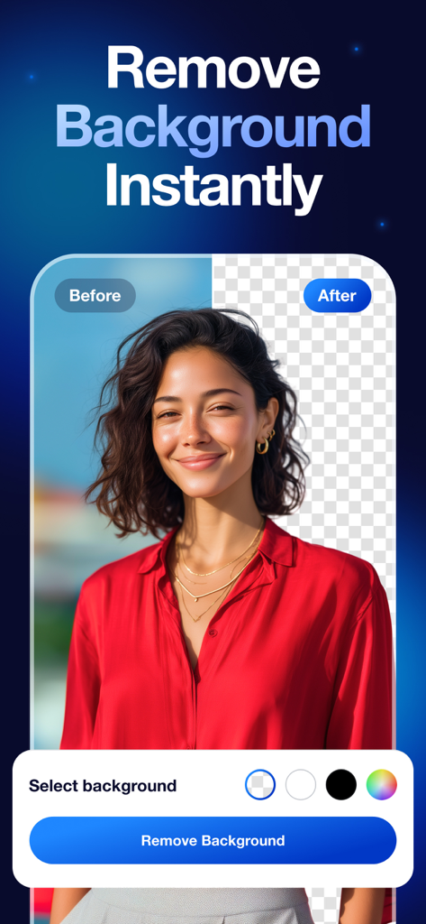 Background Remover+ - Before and after comparison of a portrait showing instant background removal in the Background Remover plus app