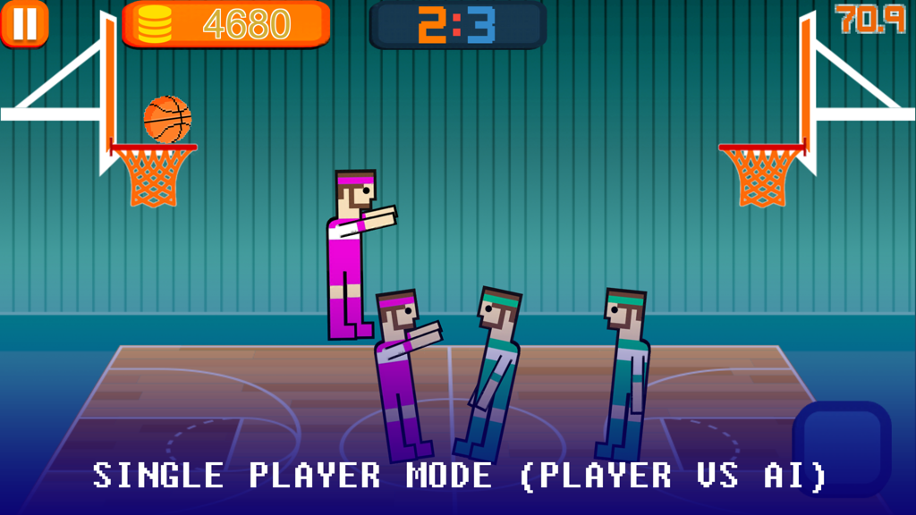 BasketBall Physics-Real Bouncy Soccer Fighter Game - Pixel art basketball game showing single player mode gameplay with a player shooting a basket