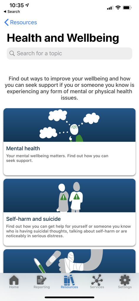 Monash bSafe - Captura de pantalla de la sección de Salud y Bienestar en la aplicación Monash bSafe con recursos de apoyo para la salud mental y crisis