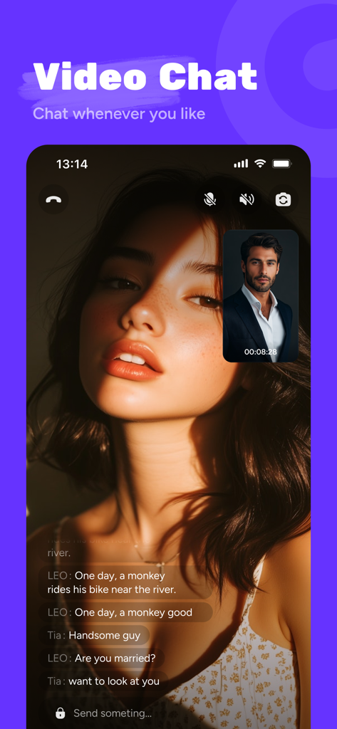 Wee - Online Video Chat - Interfaz de la aplicación Wee que muestra una videollamada en vivo entre una mujer y un hombre con chat de texto en tiempo real