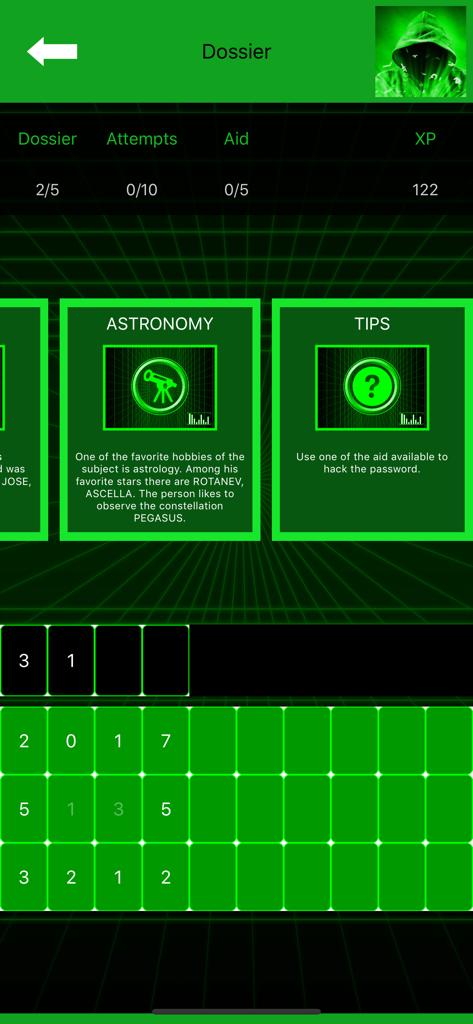 Hacking Game HackBot - 緑色のサイバーパンクテーマで、天文学のヒントとパスワード推測用のグリッドが表示された機密文書を持つHackBotモバイルゲーム画面