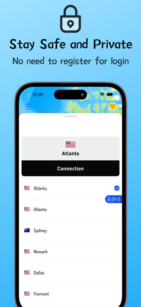 Interfaz de la aplicación Octopus VPN en un iPhone mostrando una lista de ubicaciones de servidores globales como Atlanta y Sídney con un enfoque en la conexión privada.