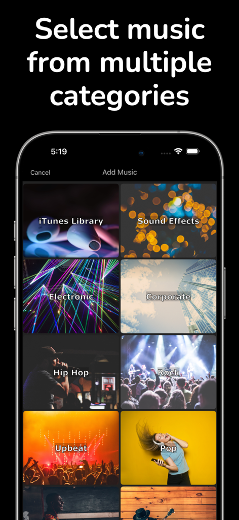 Video Music - Captura de pantalla de la aplicación Video Music mostrando una variedad de categorías de música, incluyendo electrónica, hip hop, rock y pop para edición de video