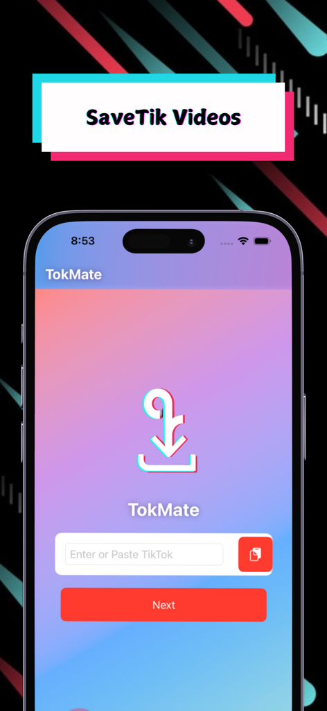 SnapTok: Save Tok Tags, Emoji - SnapTok app interface showing the SaveTik Videos screen with a field to paste a TikTok link