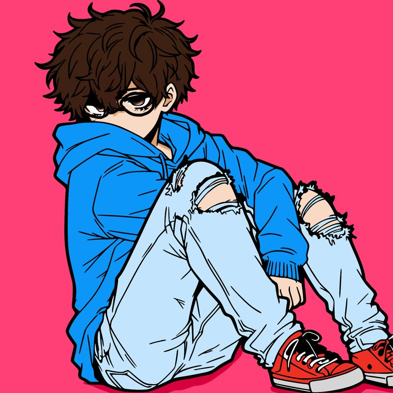 a male hoddie ripped jeans messy hair anime