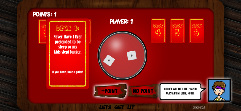 Lets Get Lit - Gameplay screen of the Lets Get Lit app featuring a Never Have I Ever card and scoring buttons on a red background