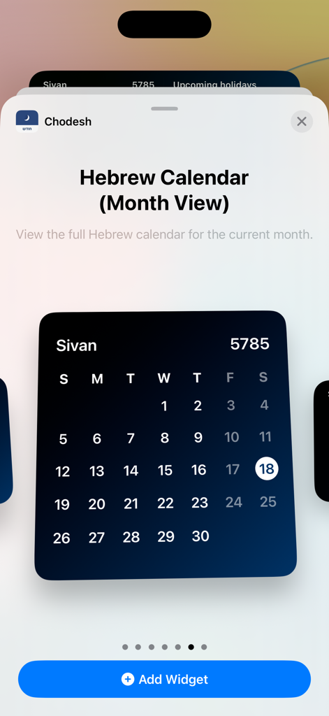 Chodesh Hebrew Date & Calendar - A preview of the Hebrew calendar month view widget for the Chodesh app on an iPhone screen