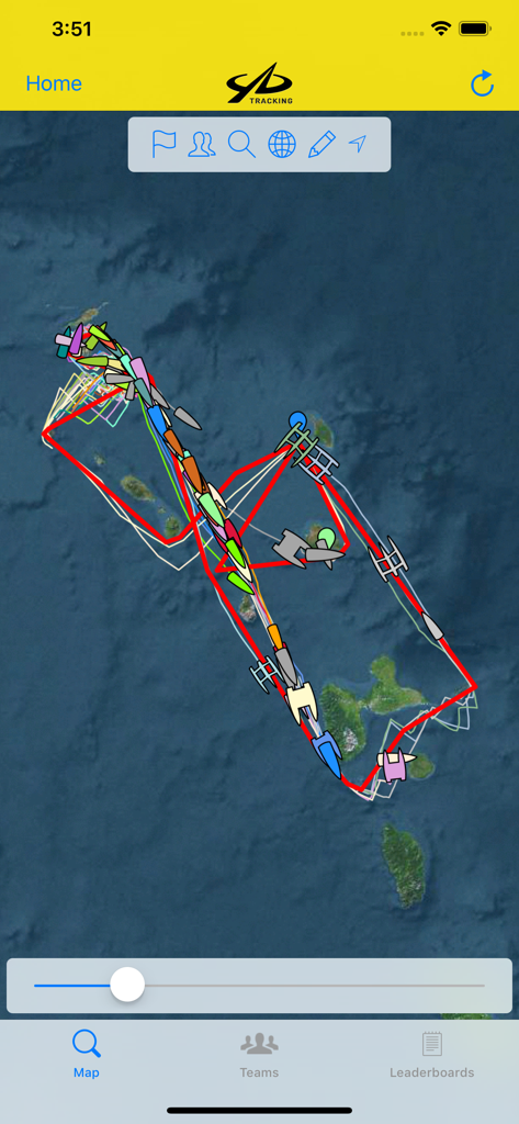 YB Races - YB Races app satellite map view with live yacht positions and race course lines