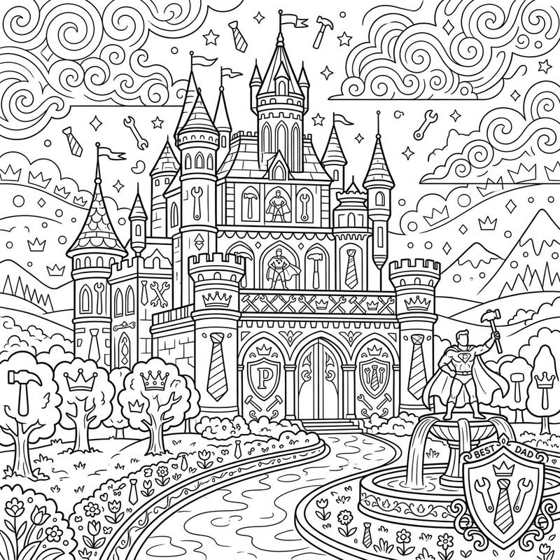 Embark on a regal coloring adventure with this unique Father's Day palace. Filled with intricate details and special nods to dads, it's a perfect way to show appreciation.