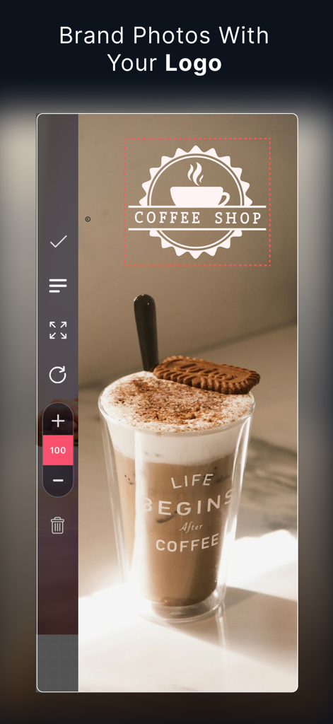 eZy Watermark Photos Pro - A screenshot of the eZy Watermark app interface showing how to brand a photo by adding a coffee shop logo over a picture of a latte.