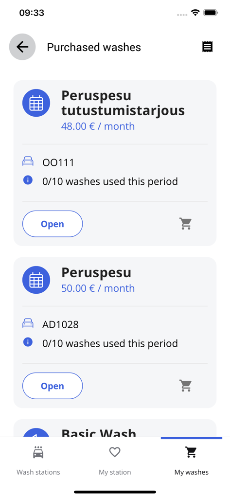 Easy Wash - Easy Wash App-Bildschirm mit gekauften Autowaschabonnements und Kennzeichen