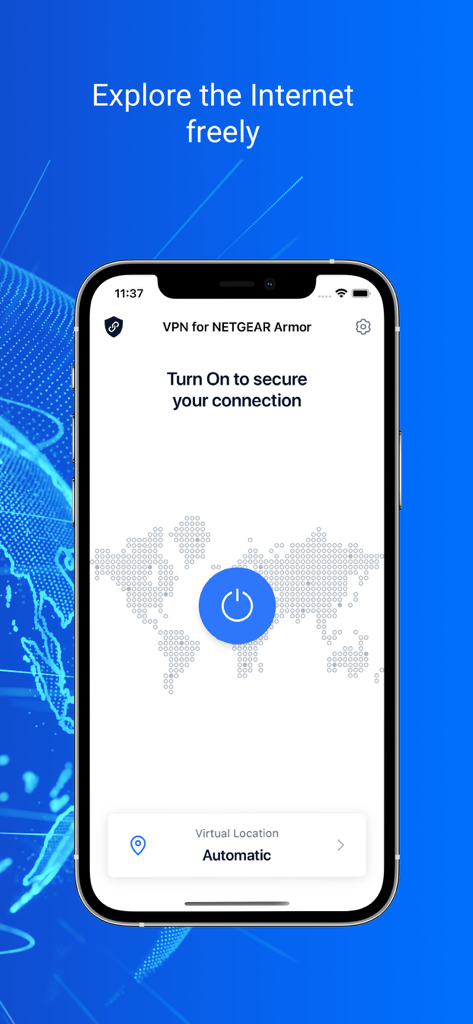 NETGEAR VPN - NETGEAR VPN mobile app interface with a one-tap secure connection button and world map.