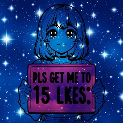 realistic girl holding up a sign that says “pls get me to 15 likes!”