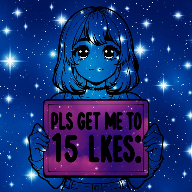 realistic girl holding up a sign that says “pls get me to 15 likes!”