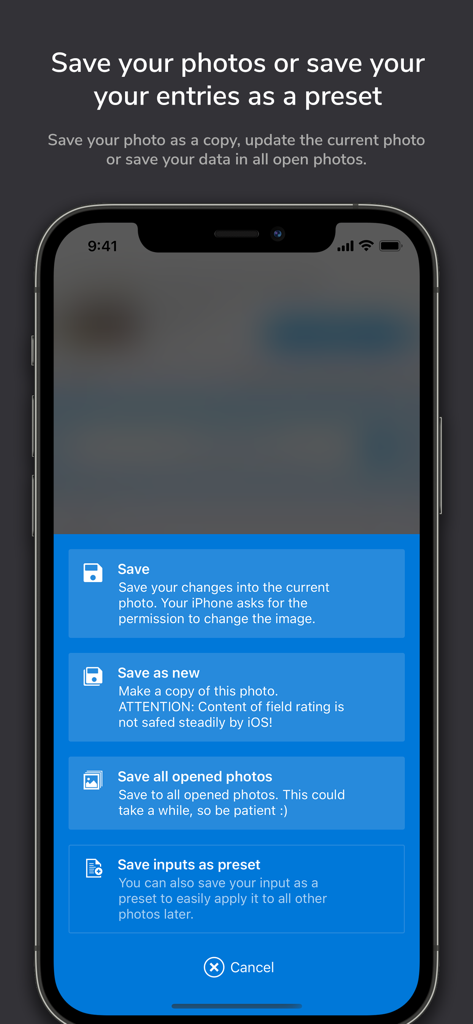ImagExif 2 - edit exif data - ImagExif 2 App-Oberfläche, die Optionen zum Speichern von Metadaten und das Menü zur Erstellung von Voreinstellungen anzeigt.