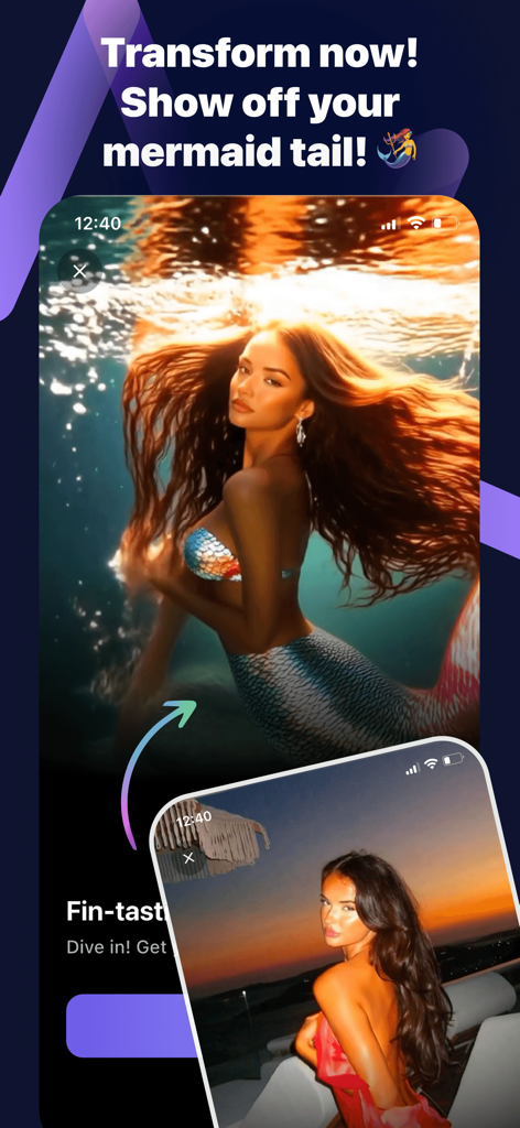 SnapVibe app showing an AI transformation of a woman's photo into a cinematic mermaid video