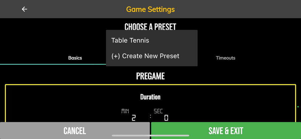 Game settings interface in BT Table Tennis Camera app for choosing presets and pregame duration
