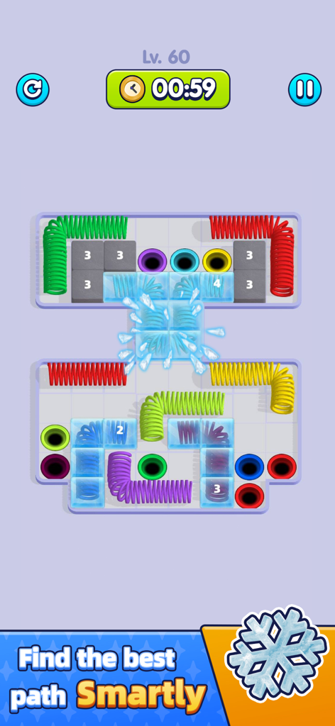 Slinky Go puzzle game level showing colorful springs and ice blocks with the text find the best path smartly