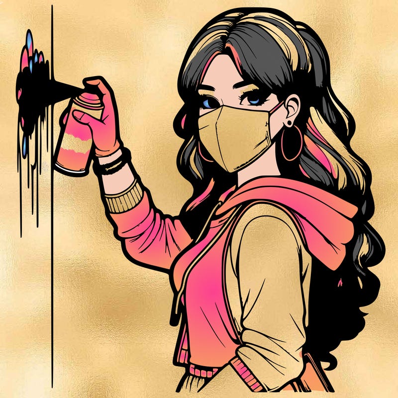 realistic girl with mask spray painting a wall