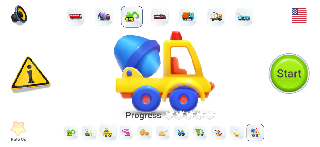 Menú principal del juego Puzzles de Coches con un colorido camión hormigonera e iconos de selección de vehículos