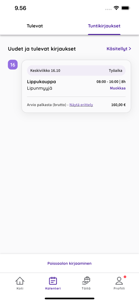 Interface do aplicativo Eezy Talents mostrando detalhes de turnos de trabalho, incluindo horas e ganhos estimados