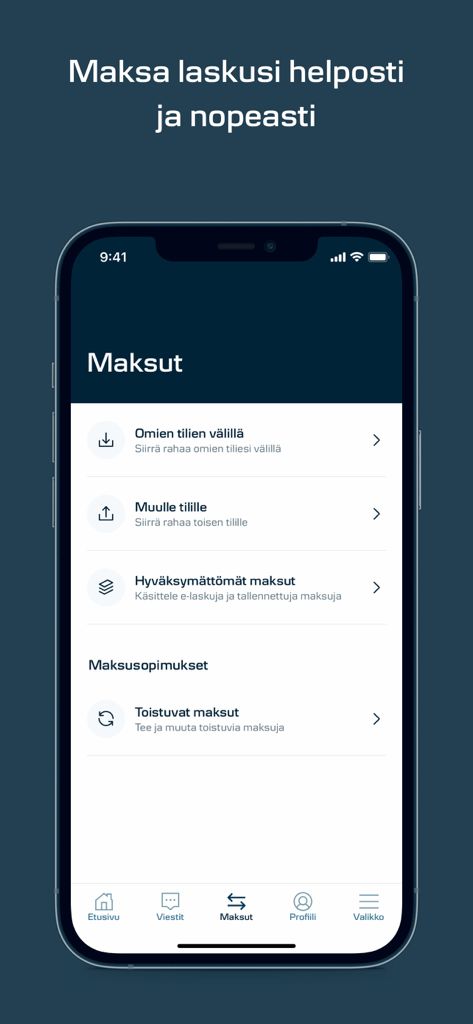 Interface of the Danske Bank mobile banking app showing the payments menu with options for account transfers and recurring payments