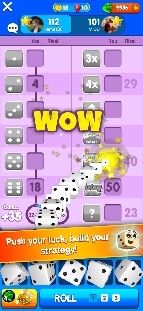 Yatzy Arena® Lucky Dice World - Gameplay screen of Yatzy Arena showing a multiplayer dice match with player scores and rolling dice animation.