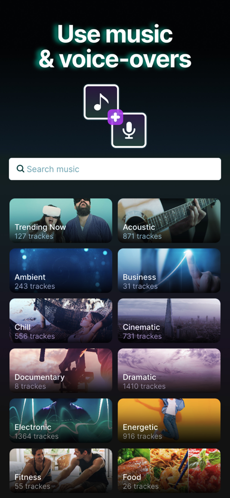 Interface of Video Up app showing the music library with categories like Trending, Acoustic, and Cinematic to add tracks and voice-overs to videos.