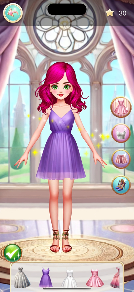 Princess- Make Over - Un personaje de princesa con cabello rosa vibrante vistiendo un vestido morado en una pantalla de selección de disfraces reales.