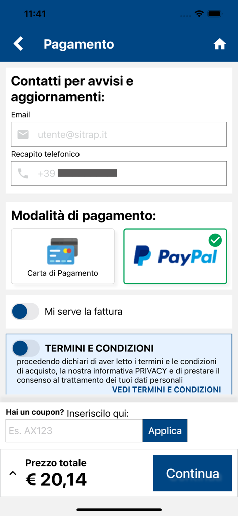 Pantalla de pago de la aplicación Liberty Lines que muestra campos de contacto y la opción de PayPal