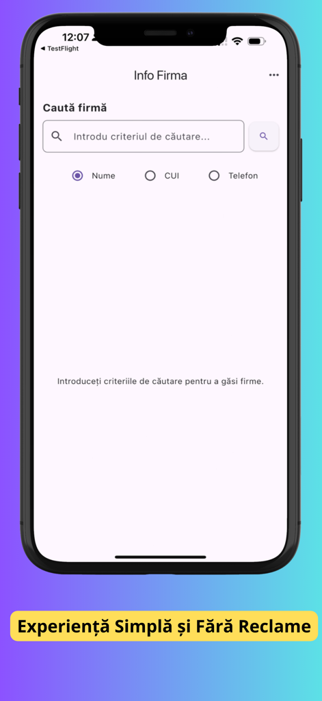 Interface of the Lista Firme Romania app showing search options for Romanian companies by name CUI or phone number