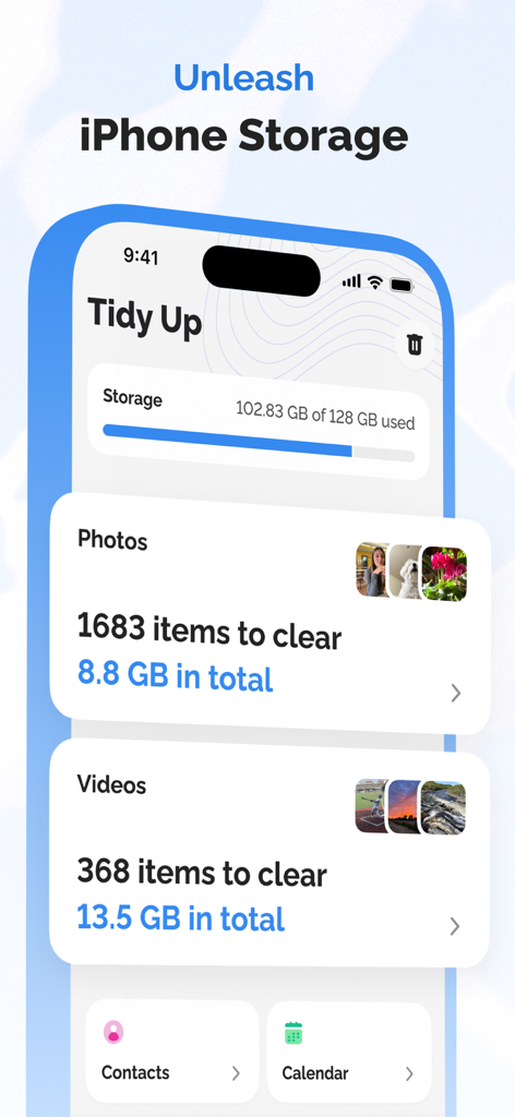 Tidy Up app dashboard showing used iPhone storage and summary of items to clean in photos and videos categories