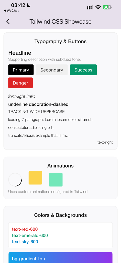 Tailwind CSS showcase screen in the WebF Go app displaying buttons and typography styles