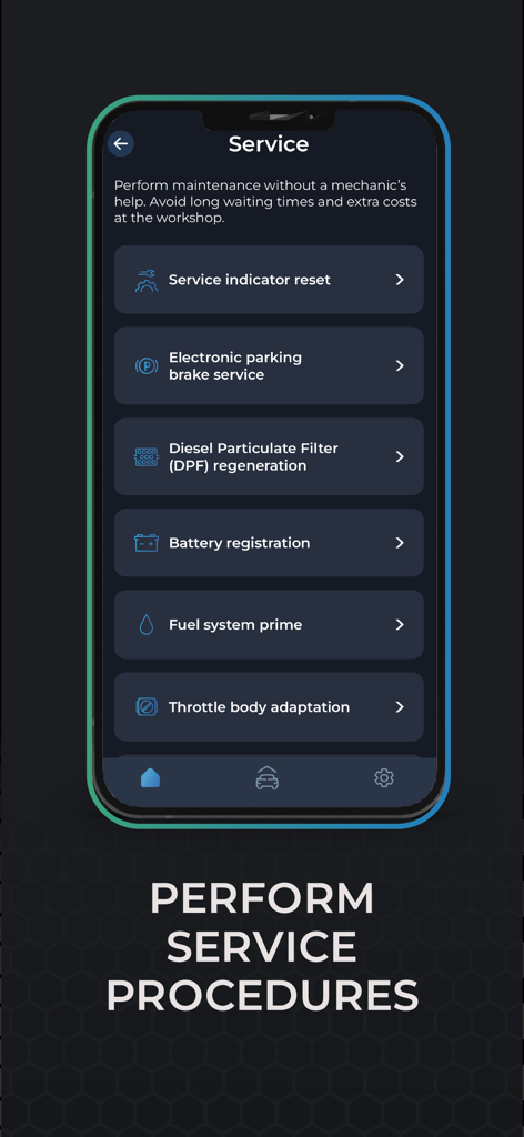 Carista OBD2 - Carista OBD2 app screen showing DIY car service procedures and maintenance options