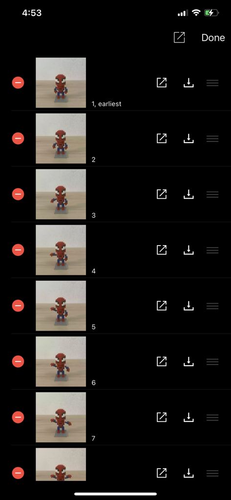 Stop Motion Factory - Interface showing a numbered list of captured frames for a stop motion animation featuring a small superhero figure.