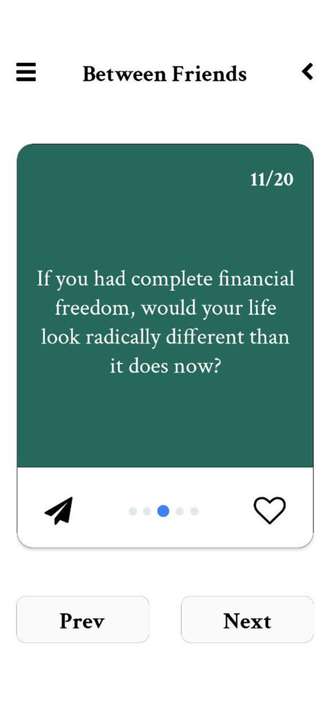 A conversation starter question card in the Cairds app about financial freedom for friends.