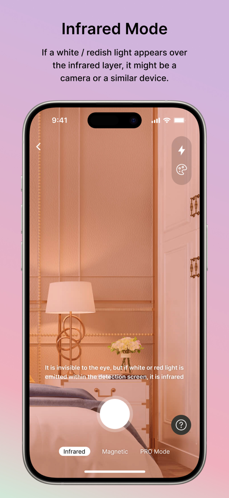 DETEKCAM: AI Camera Detector - The DETEKCAM app using infrared mode to scan a hotel room for hidden cameras