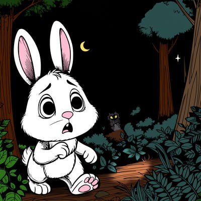 realistic scared bunny in the forest at night
