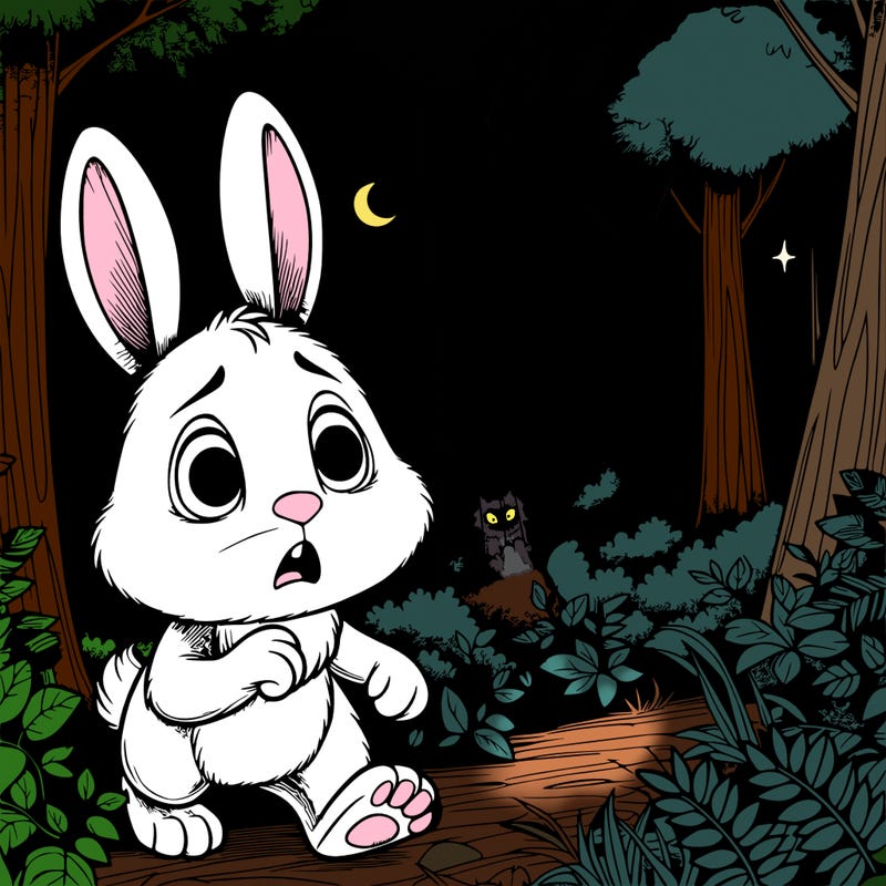 realistic scared bunny in the forest at night